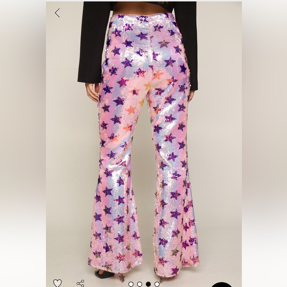 Nasty Gal Pink Purple Star Sequin Star HighRise Party Flare Pants US6 - Picture 3 of 13